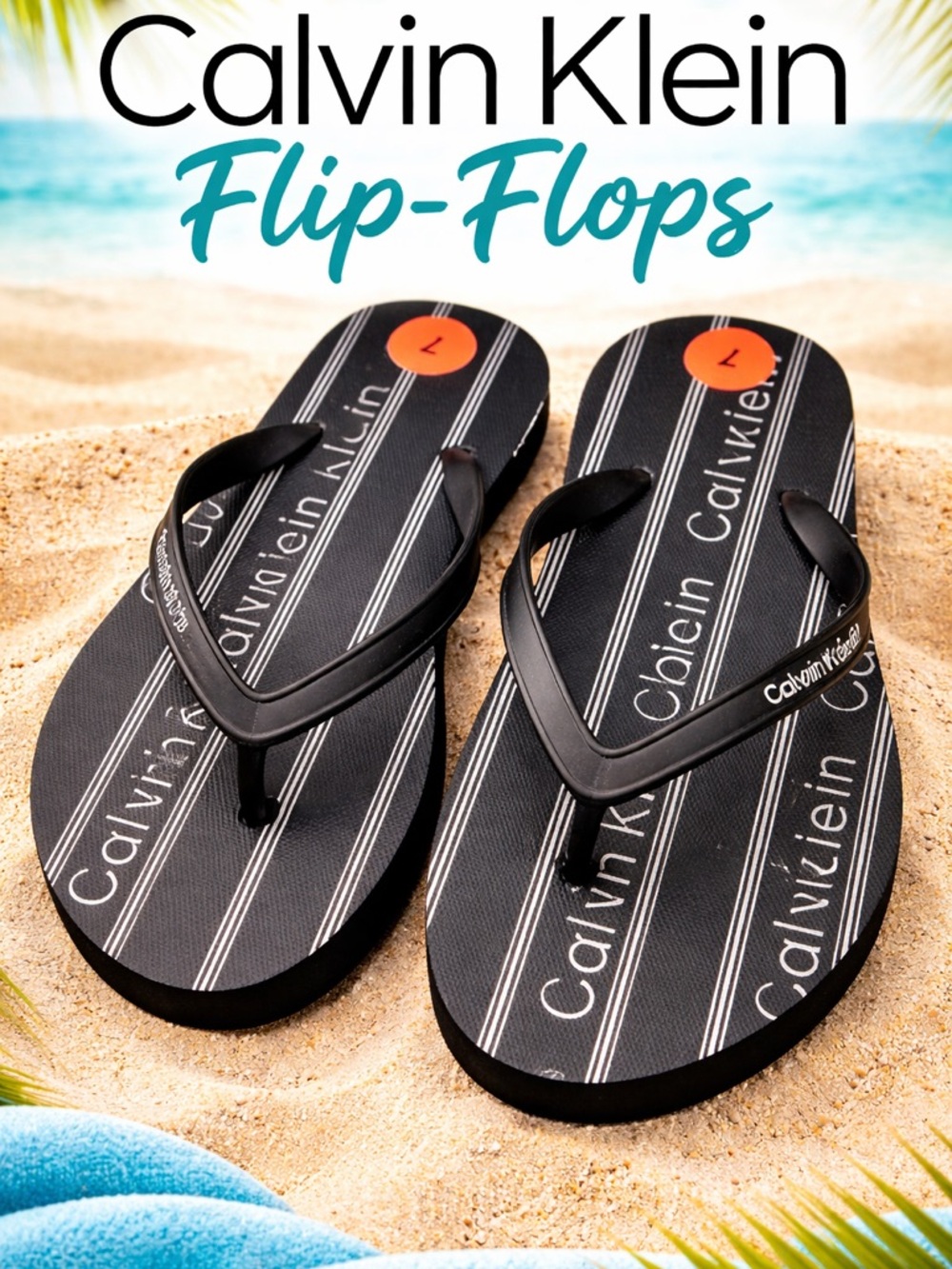 Calvin Klein Black & White Striped Logo Flip-Flops